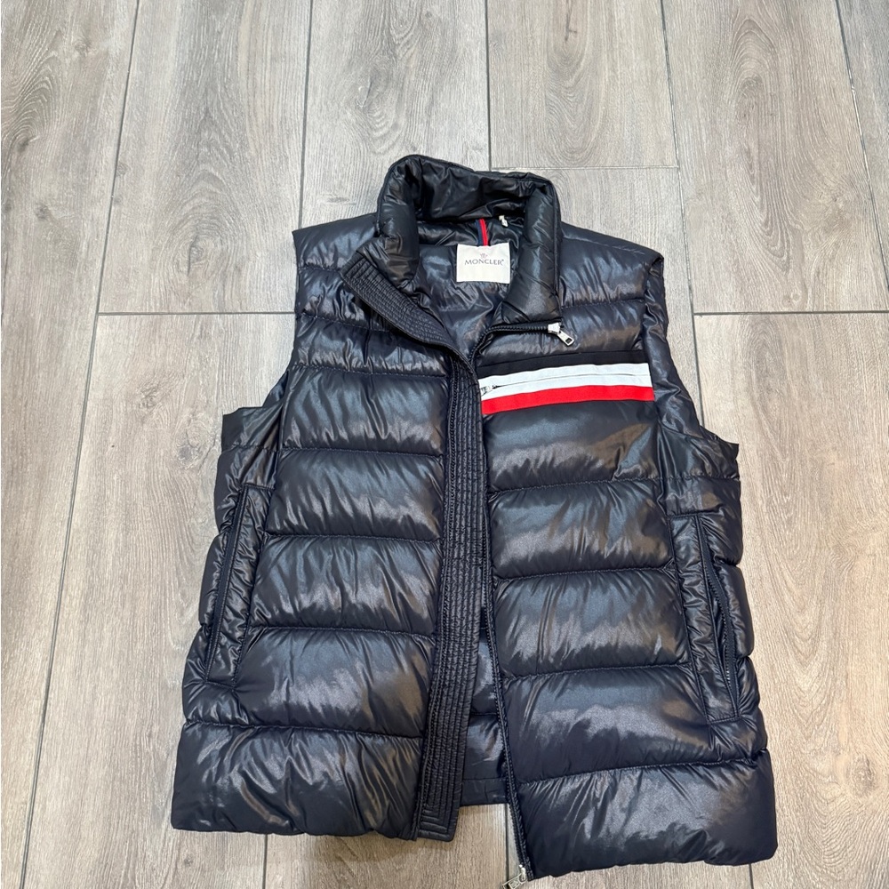 Moncler Navy Puffer Vest with Red and White Accents